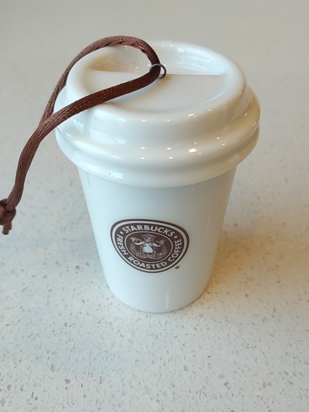 Starbucks White Ceramic Travel Cup Ornament with Brown Logo 2011